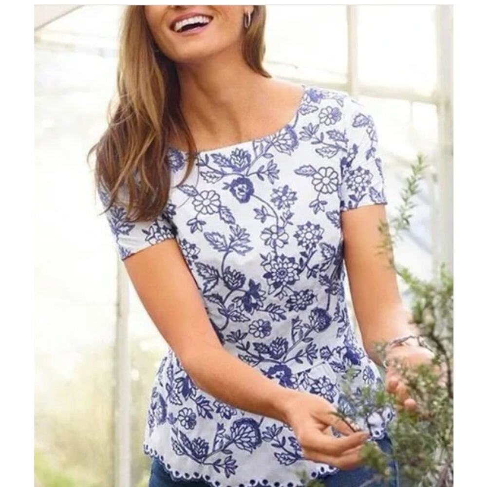 Talbots Embroidered Floral Peplum Top Womens Size 10 White Blue Scalloped Hem
